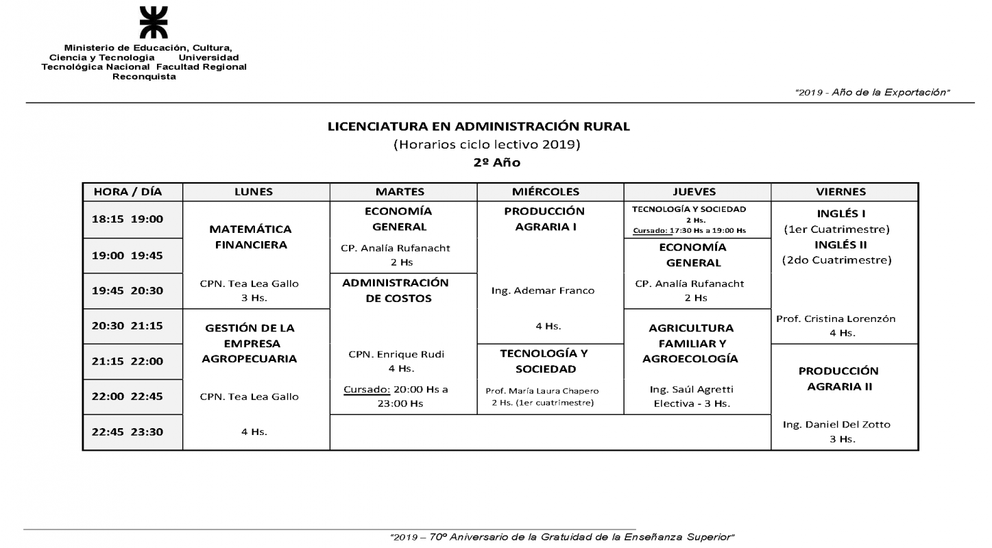 LAR - Horarios 2019 - 2do Año 2do Cuat